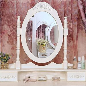 JXMS Makeup Mirror Desk Chair 3Pc Vanity Desk Set Makeup Storage Organizer Computer Desk Dresser with Cushioned Stool for Bedroom Swivel Mirror Modern Vanity 4 Drawers -White Without Lights