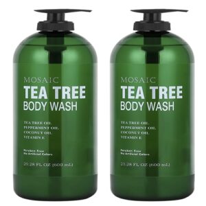 tea tree body wash & shower gel with vitamin e for jock itch, eczema, ringworm, body odor, acne, body wash women & men with added body oils, large 20.2 fl oz bottle (tea tree, pack of 2)