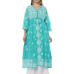 FAWOMENT Women's Lucknowi Chikan Embroidery Exclusive Panel Gown alongwith Kurti (S, Aqua Green)