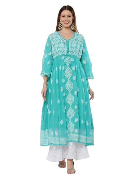 FAWOMENT Women's Lucknowi Chikan Embroidery Exclusive Panel Gown alongwith Kurti (S, Aqua Green)