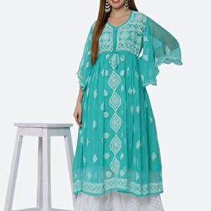 FAWOMENT Women's Lucknowi Chikan Embroidery Exclusive Panel Gown alongwith Kurti (S, Aqua Green)