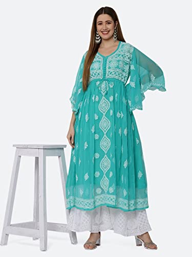 FAWOMENT Women's Lucknowi Chikan Embroidery Exclusive Panel Gown alongwith Kurti (S, Aqua Green)