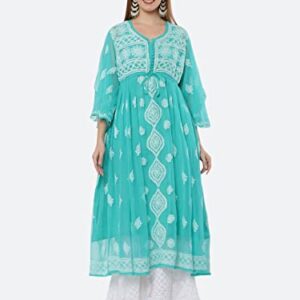 FAWOMENT Women's Lucknowi Chikan Embroidery Exclusive Panel Gown alongwith Kurti (S, Aqua Green)