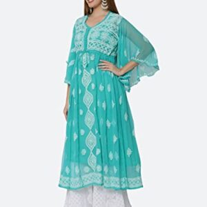 FAWOMENT Women's Lucknowi Chikan Embroidery Exclusive Panel Gown alongwith Kurti (S, Aqua Green)