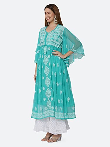 FAWOMENT Women's Lucknowi Chikan Embroidery Exclusive Panel Gown alongwith Kurti (S, Aqua Green)