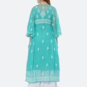 FAWOMENT Women's Lucknowi Chikan Embroidery Exclusive Panel Gown alongwith Kurti (S, Aqua Green)