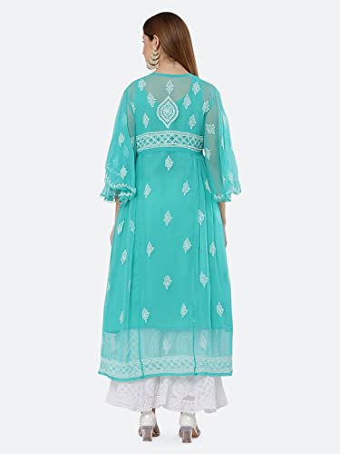 FAWOMENT Women's Lucknowi Chikan Embroidery Exclusive Panel Gown alongwith Kurti (S, Aqua Green)