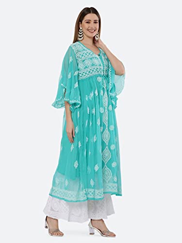 FAWOMENT Women's Lucknowi Chikan Embroidery Exclusive Panel Gown alongwith Kurti (S, Aqua Green)