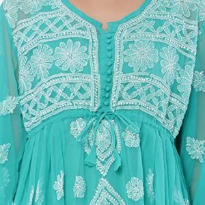 FAWOMENT Women's Lucknowi Chikan Embroidery Exclusive Panel Gown alongwith Kurti (S, Aqua Green)