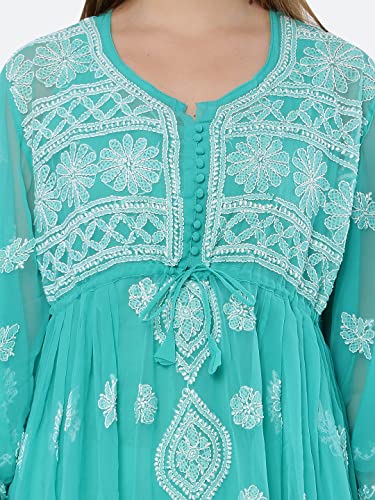 FAWOMENT Women's Lucknowi Chikan Embroidery Exclusive Panel Gown alongwith Kurti (S, Aqua Green)