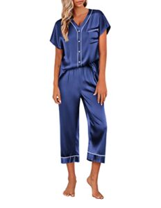 ekouaer silk womens nightwear soft satin loungewear button down pajamas set two piece short sleeve sleepwear navy blue