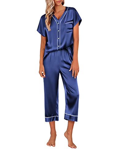 Ekouaer Silk Womens Nightwear Soft Satin Loungewear Button Down Pajamas Set Two Piece Short Sleeve Sleepwear Navy Blue