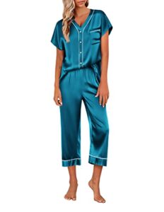 ekouaer plus size satin pajamas for women two-piece nightgown button down short sleeve loungewear pj set dark green