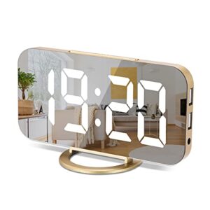 Digital Alarm Clock,6" Large LED Display with Dual USB Charger Ports | Auto Dimmer Mode | Easy Snooze Function, Modern Mirror Desk Wall Clock for Bedroom Home Office for All People (Gold)