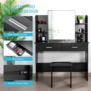 VIVOHOME Makeup Vanity Table Set with 3-Color Dimmable Lighted Mirror, 6 Storage Shelves, 2 Drawers, Cushioned Stool, Black