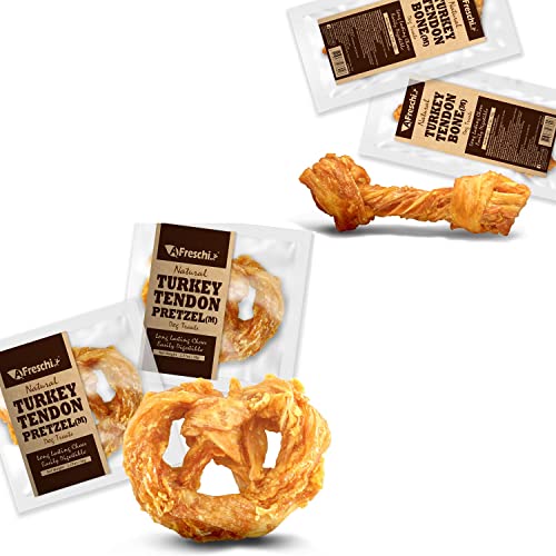 AFreschi Turkey Tendon for Dogs, 2 Pretzel in a Pack and 2 Bone in a Pack, Ingredient Sourced from USA, Alternative to Rawhide, Premium All-Natural, Hypoallergenic, Dog Chew Treat, Easy to Digest