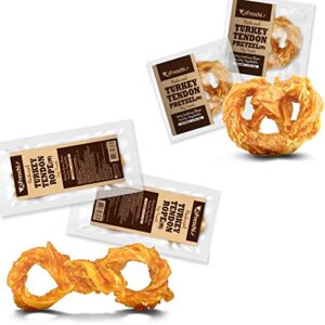 afreschi turkey tendon for dogs, 2 rope in a pack and 2 pretzel in a pack, ingredient sourced from usa, alternative to rawhide, premium all-natural, hypoallergenic, dog chew treat, easy to digest