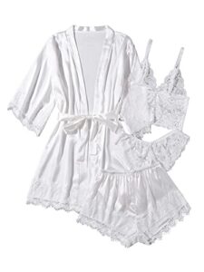 soly hux women's satin pajama set 4pcs floral lace trim cami lingerie sleepwear with robe white solid l