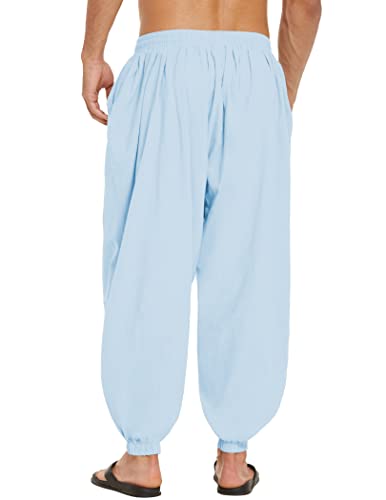 COOFANDY Men's Cotton Linen Pants Wide Leg Pants Baggy Harem Pants Beach Trousers Sky Blue