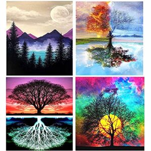 fycert (4 pack) diy paint by numbers kits,canvas oil painting set for adults beginner,16" l x 12" w drawing paintwork with paintbrushes,acrylic pigment - tree & moon,version 1
