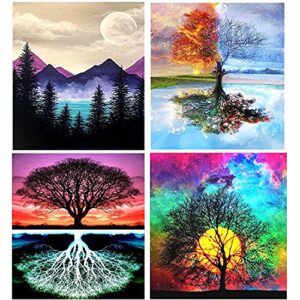 Fycert (4 Pack) DIY Paint by Numbers Kits,Canvas Oil Painting Set for Adults Beginner,16" L x 12" W Drawing Paintwork with Paintbrushes,Acrylic Pigment - Tree & Moon,Version 1