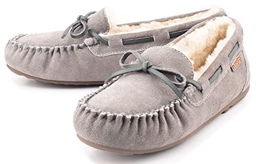 Parfeying Women's Sheepskin Moccasins Cow Suede Memory Foam Slippers Indoor Outdoor Shearling Winter Shoes,L20101 Grey 5US