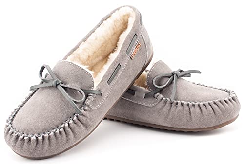 Parfeying Women's Sheepskin Moccasins Cow Suede Memory Foam Slippers Indoor Outdoor Shearling Winter Shoes,L20101 Grey 5US