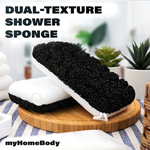 myHomeBody Dual-Texture Shower Sponge Extra Exfoliating Sponge | Body Scrubber Body Exfoliator | Body Sponge for Exfoliating Scrub | Loofah Sponge for Men | Body Scrubbers for Use in Shower, 2pcs