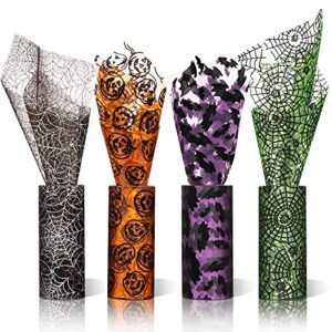 120 feet/ 4 rolls halloween glitter tulle rolls spider web pattern tulle ribbon pumpkin bat printed tulle rolls shimmer tulle netting roll for wreath making supplies halloween decoration, 5 inch wide.