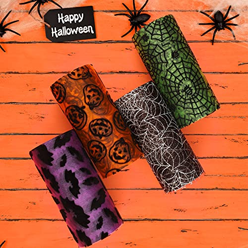 120 Feet/ 4 Rolls Halloween Glitter Tulle Rolls Spider Web Pattern Tulle Ribbon Pumpkin Bat Printed Tulle Rolls Shimmer Tulle Netting Roll for Wreath Making Supplies Halloween decoration, 5 Inch Wide.