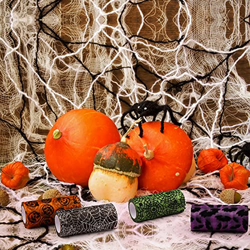 120 Feet/ 4 Rolls Halloween Glitter Tulle Rolls Spider Web Pattern Tulle Ribbon Pumpkin Bat Printed Tulle Rolls Shimmer Tulle Netting Roll for Wreath Making Supplies Halloween decoration, 5 Inch Wide.