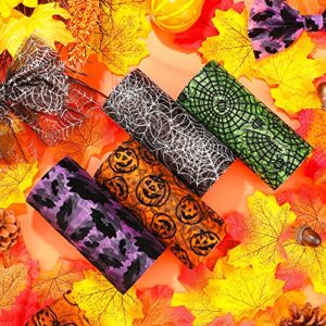 120 Feet/ 4 Rolls Halloween Glitter Tulle Rolls Spider Web Pattern Tulle Ribbon Pumpkin Bat Printed Tulle Rolls Shimmer Tulle Netting Roll for Wreath Making Supplies Halloween decoration, 5 Inch Wide.