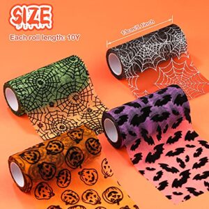 120 Feet/ 4 Rolls Halloween Glitter Tulle Rolls Spider Web Pattern Tulle Ribbon Pumpkin Bat Printed Tulle Rolls Shimmer Tulle Netting Roll for Wreath Making Supplies Halloween decoration, 5 Inch Wide.