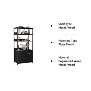 Furologee 4-Tier Bookshelf with 3 Drawers, Vertical Dresser Organizer, Black Storage Shelf for Books, Photos, Decorations in Living Room, Office, Bedroom,Kitchen, Sturdy Metal Frame,Wood Top