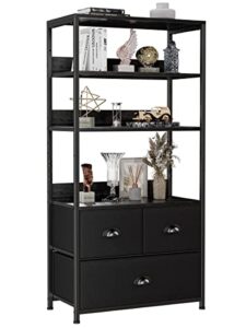furologee 4-tier bookshelf with 3 drawers, vertical dresser organizer, black storage shelf for books, photos, decorations in living room, office, bedroom,kitchen, sturdy metal frame,wood top