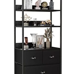 Furologee 4-Tier Bookshelf with 3 Drawers, Vertical Dresser Organizer, Black Storage Shelf for Books, Photos, Decorations in Living Room, Office, Bedroom,Kitchen, Sturdy Metal Frame,Wood Top