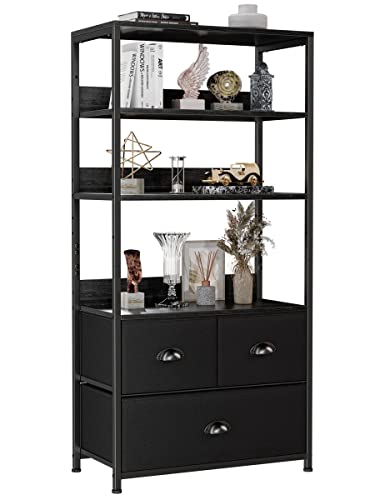 Furologee 4-Tier Bookshelf with 3 Drawers, Vertical Dresser Organizer, Black Storage Shelf for Books, Photos, Decorations in Living Room, Office, Bedroom,Kitchen, Sturdy Metal Frame,Wood Top