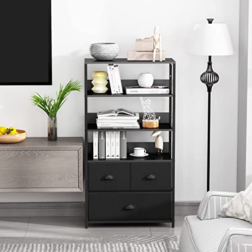 Furologee 4-Tier Bookshelf with 3 Drawers, Vertical Dresser Organizer, Black Storage Shelf for Books, Photos, Decorations in Living Room, Office, Bedroom,Kitchen, Sturdy Metal Frame,Wood Top