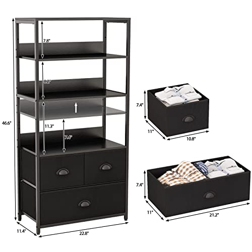 Furologee 4-Tier Bookshelf with 3 Drawers, Vertical Dresser Organizer, Black Storage Shelf for Books, Photos, Decorations in Living Room, Office, Bedroom,Kitchen, Sturdy Metal Frame,Wood Top