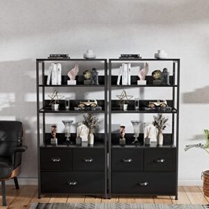 Furologee 4-Tier Bookshelf with 3 Drawers, Vertical Dresser Organizer, Black Storage Shelf for Books, Photos, Decorations in Living Room, Office, Bedroom,Kitchen, Sturdy Metal Frame,Wood Top