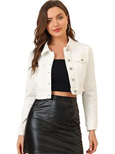 allegra k women's casual cropped button down long sleeves basic jean denim jacket x-small white