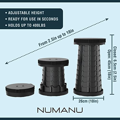 NUMANU Collapsible Stool with 3-in-1 Carry Bag - Lightweight, Sturdy, Retractable, Portable Telescopic Compact Folding Chair, Adjustable Seat or Foot Rest for Travel, Camping, BBQ, Queue - Max 400lbs