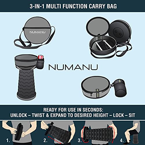 NUMANU Collapsible Stool with 3-in-1 Carry Bag - Lightweight, Sturdy, Retractable, Portable Telescopic Compact Folding Chair, Adjustable Seat or Foot Rest for Travel, Camping, BBQ, Queue - Max 400lbs