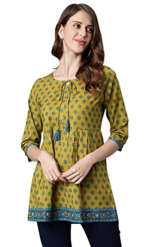 Janasya Indian Women's Green Cotton Tunic(JNE3688-TU-S)