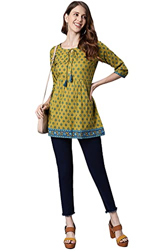 Janasya Indian Women's Green Cotton Tunic(JNE3688-TU-S)