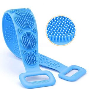 silicone bath brush for shower- back body brush scrubber, shower pull-tab double-sided long strip silicone bath belt, easy to clean-exfoliate, blue