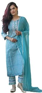 arayna women's cotton printed straight kurti palazzo pants set with dupatta, blue, xx-large
