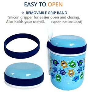 Thermos for Hot Food, Kids Lunch Insulated Stainless Steel Wide Mouth Jar, Boys Soup Container, Toddlers Day Care Pre-School, Leakproof Easy Grip Thermal Vacuum Seal 10 oz 300 ML (Blue Mini Monster)