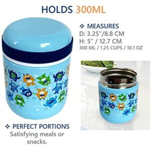 Thermos for Hot Food, Kids Lunch Insulated Stainless Steel Wide Mouth Jar, Boys Soup Container, Toddlers Day Care Pre-School, Leakproof Easy Grip Thermal Vacuum Seal 10 oz 300 ML (Blue Mini Monster)