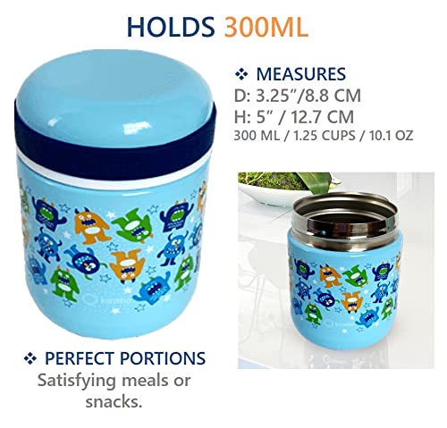 Thermos for Hot Food, Kids Lunch Insulated Stainless Steel Wide Mouth Jar, Boys Soup Container, Toddlers Day Care Pre-School, Leakproof Easy Grip Thermal Vacuum Seal 10 oz 300 ML (Blue Mini Monster)